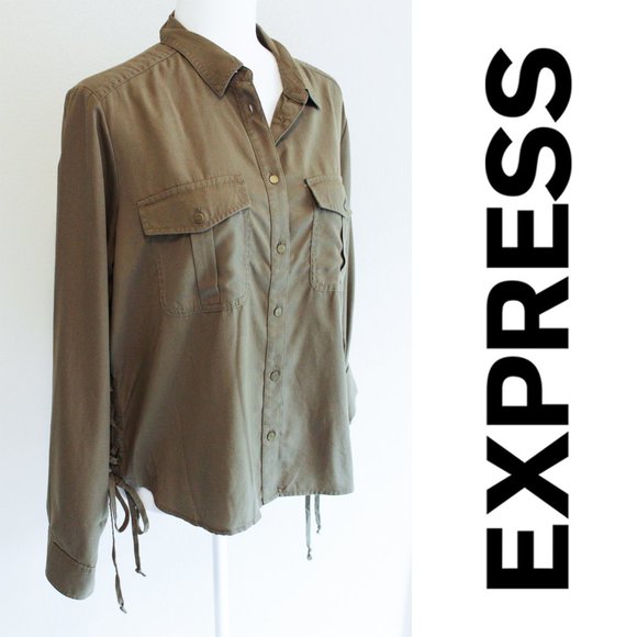 Express Military green Button up shirt with side ties - Picture 1 of 5